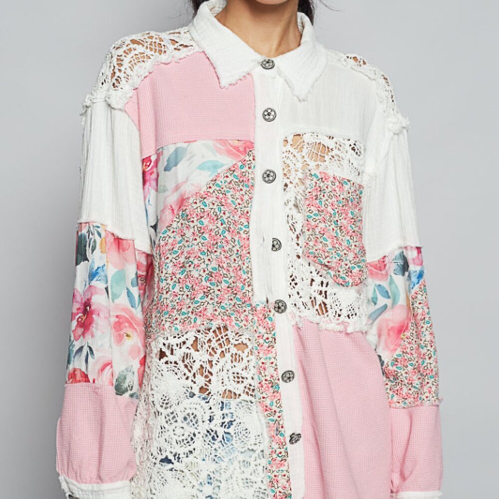 NEW POL Ivory Multi Floral Patchwork Lace Button-Up Top